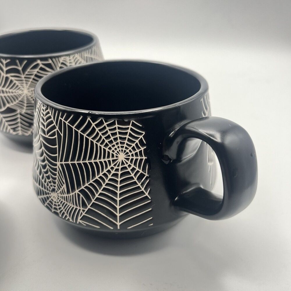 COCO + LOLA Halloween Spiderweb Set of 3 Coffee Mugs Black Cups Mug - Picture 10 of 13